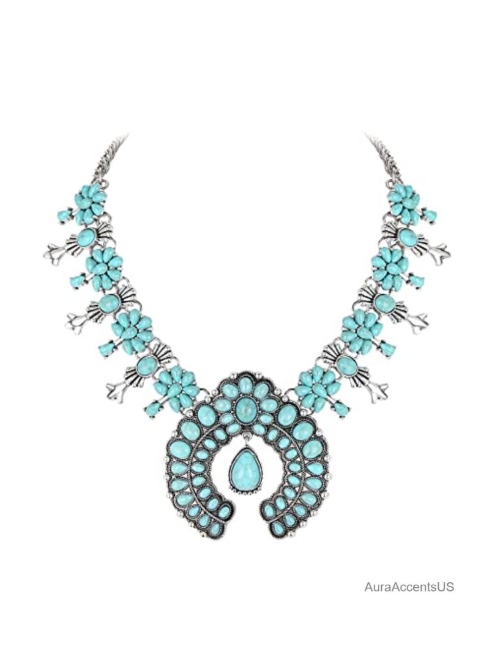 Bohemian Turquoise Statement Necklace Squash Blossom Silver-Tone Western Cowgirl